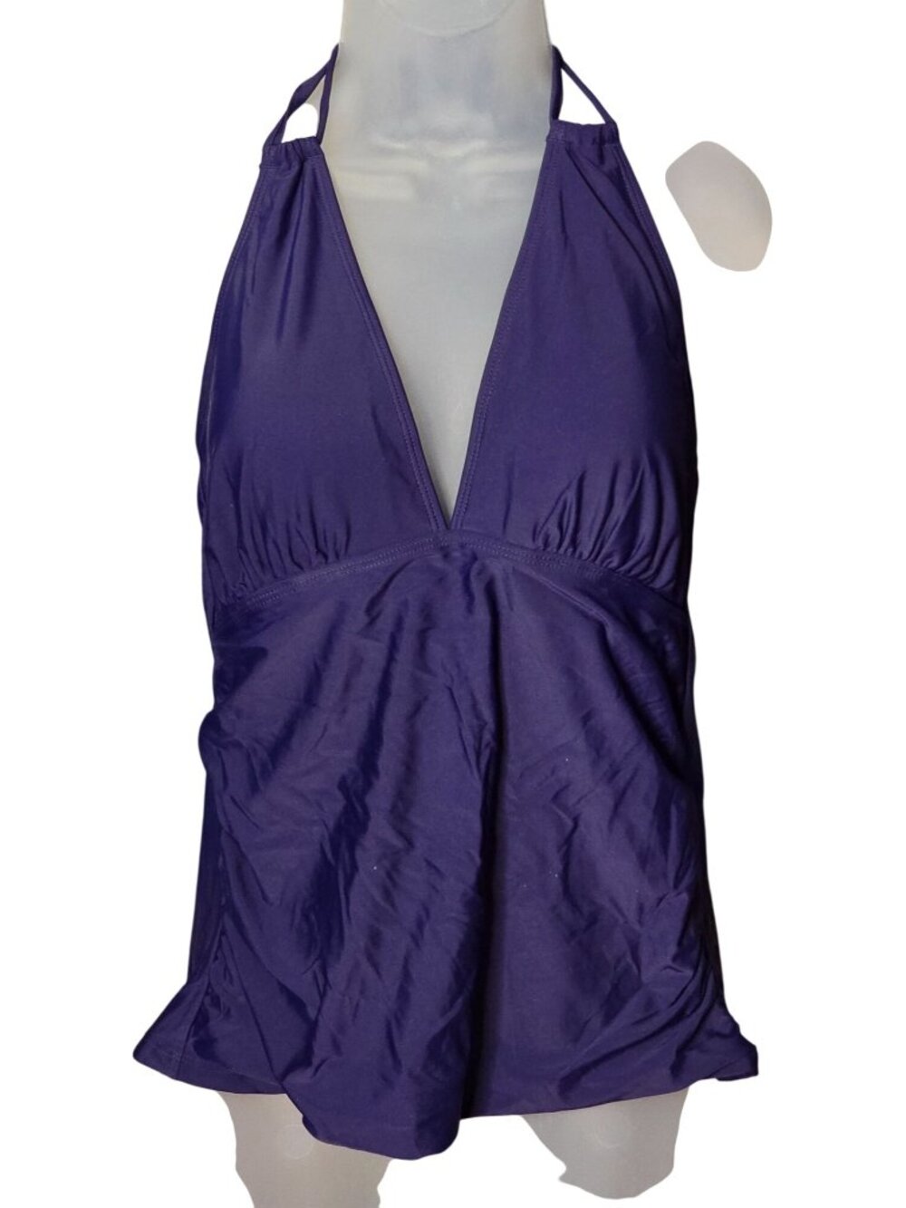 Womens Deep V Halter Tankini Swim Top LG Purple Ruched Sides Lined
